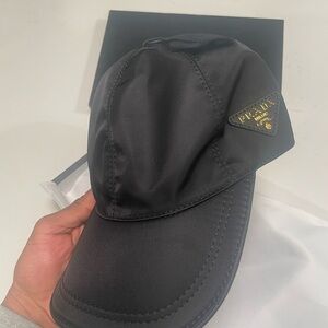 Men's Black Leather Cap by Prada Gold Logo
